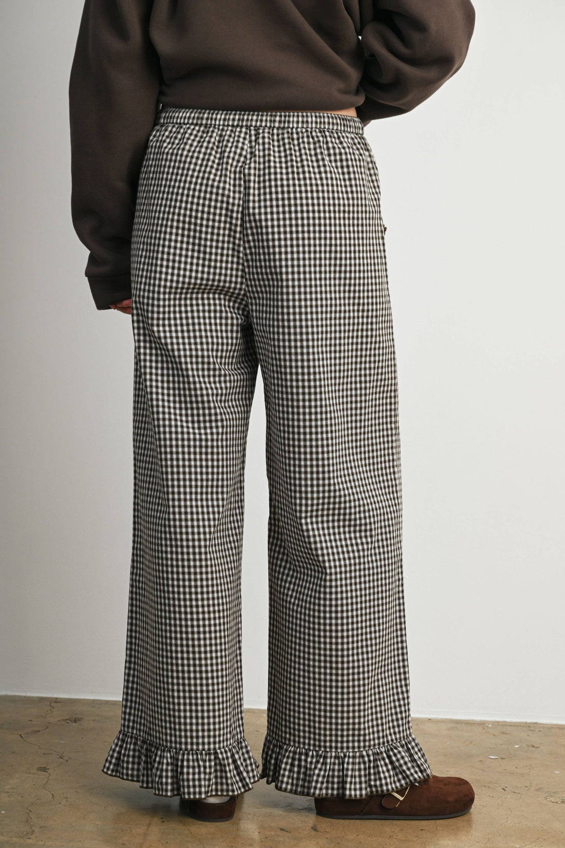 Gingham Ruffle Hem Wide Leg Pants-BMP8637