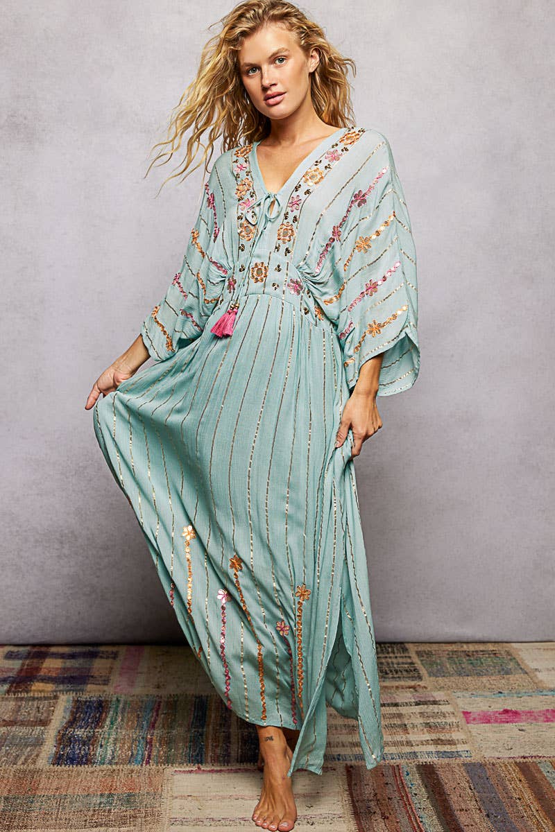 Artisanal Glint Embroidered Flowy V-Neck Long Sleeve Dress