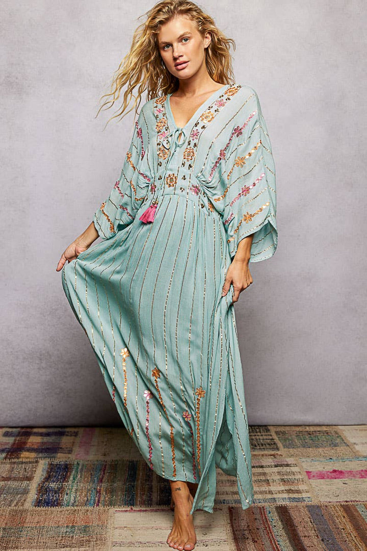 Artisanal Glint Embroidered Flowy V-Neck Long Sleeve Dress