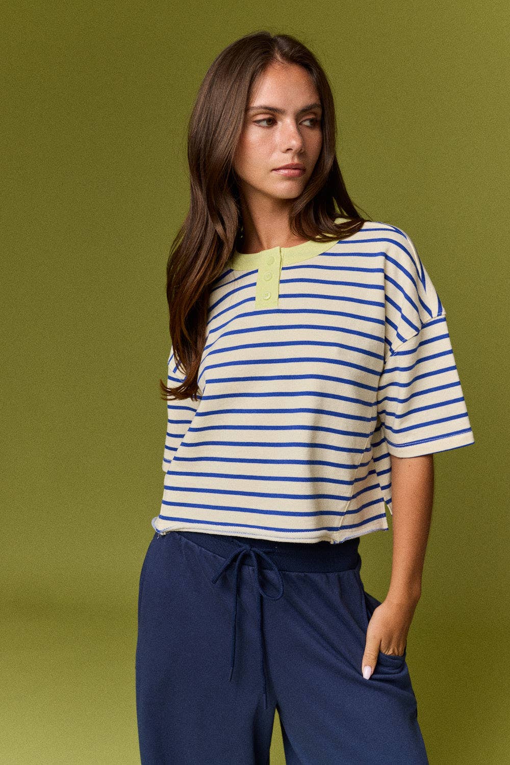 PT20081 Henley neck s/s stripe top
