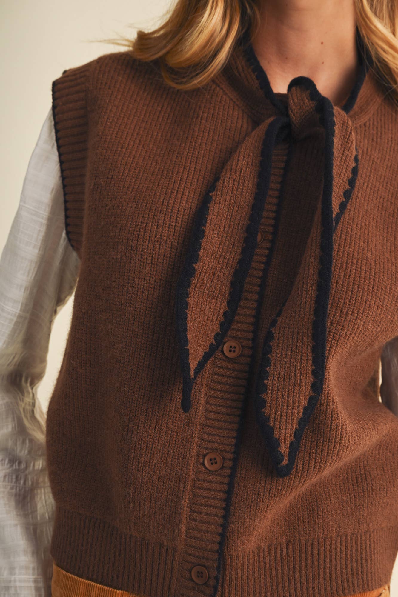 Scallop-Trim Tie-Neck Ribbed Knit Vest