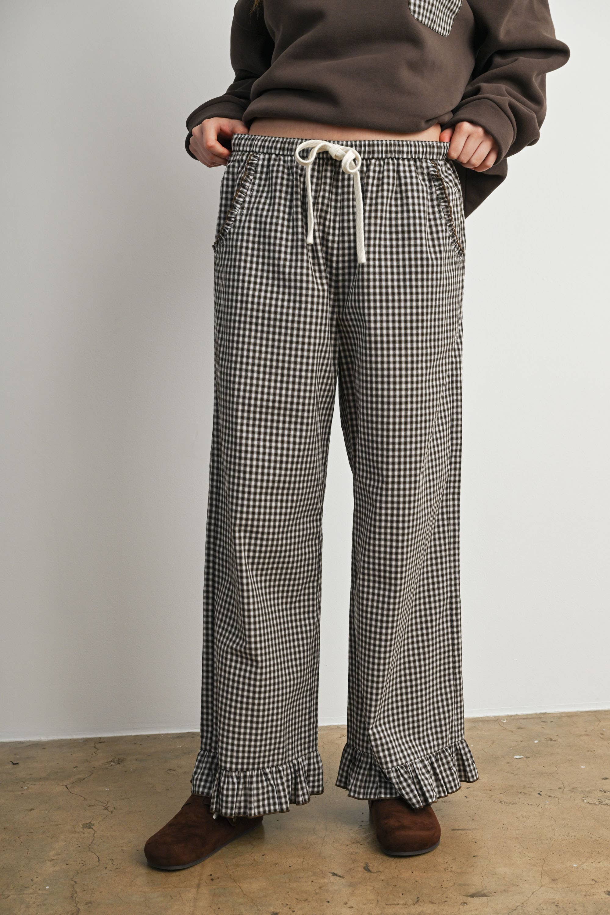 Gingham Ruffle Hem Wide Leg Pants-BMP8637