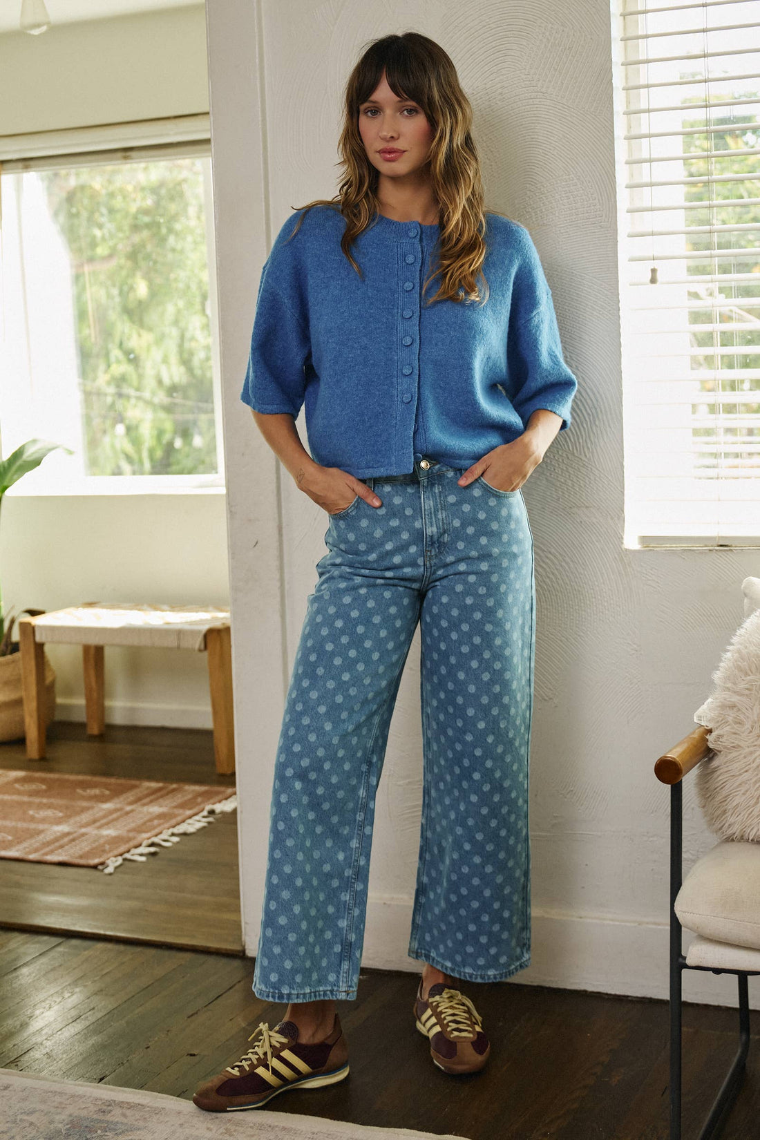 Cropped Knit Button-Front Cardigan Dropped Shoulder