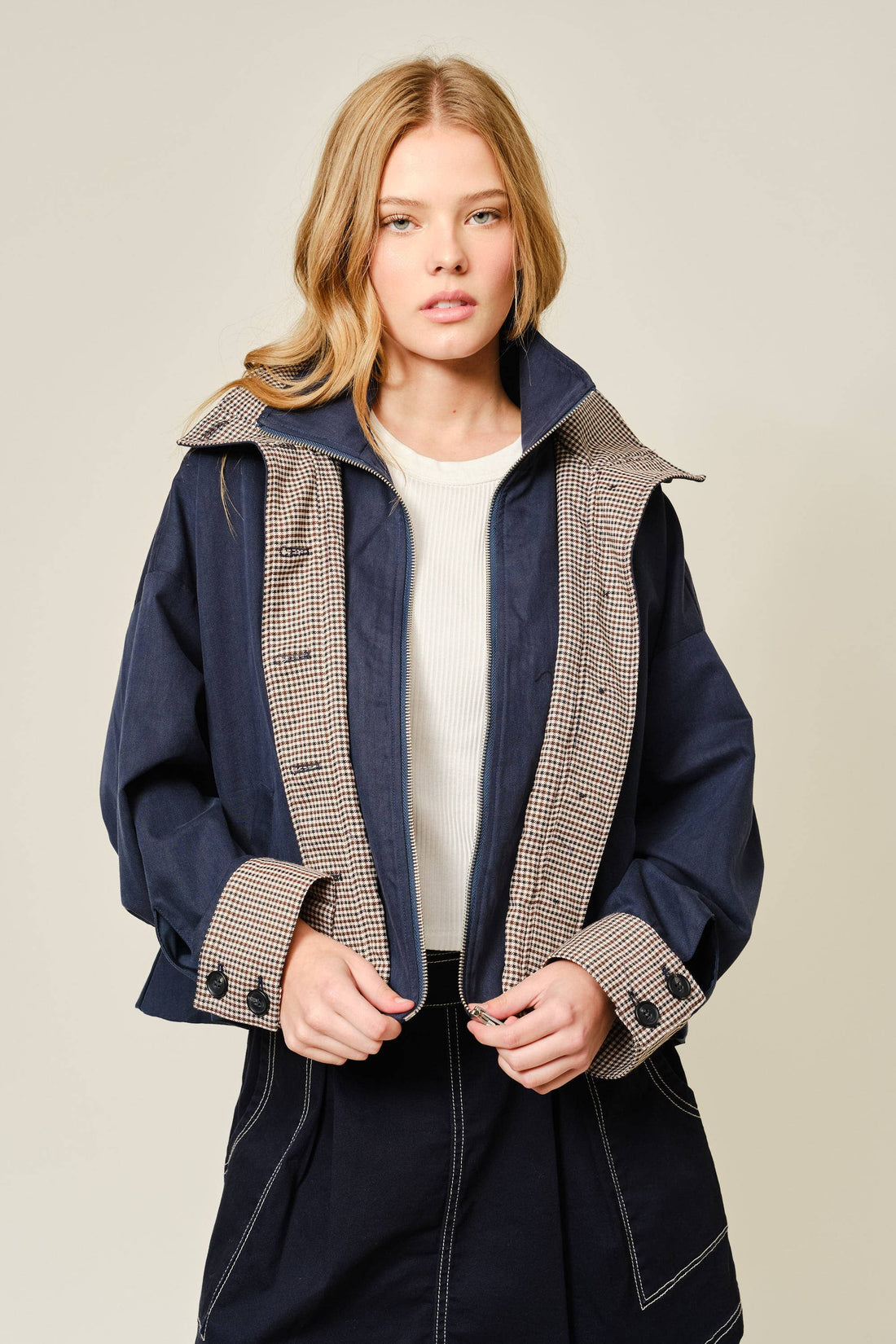 OVERSIZED BOMBER JACKET WITH PLAID DETAIL