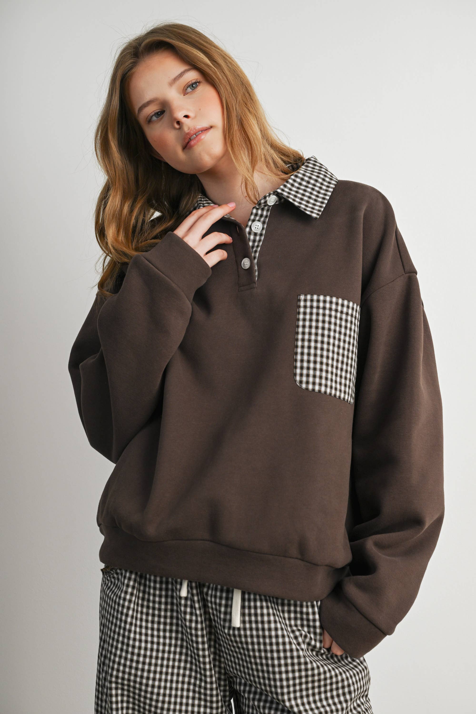Checkered Patchwork Collared Sweatshirt- BMT8644