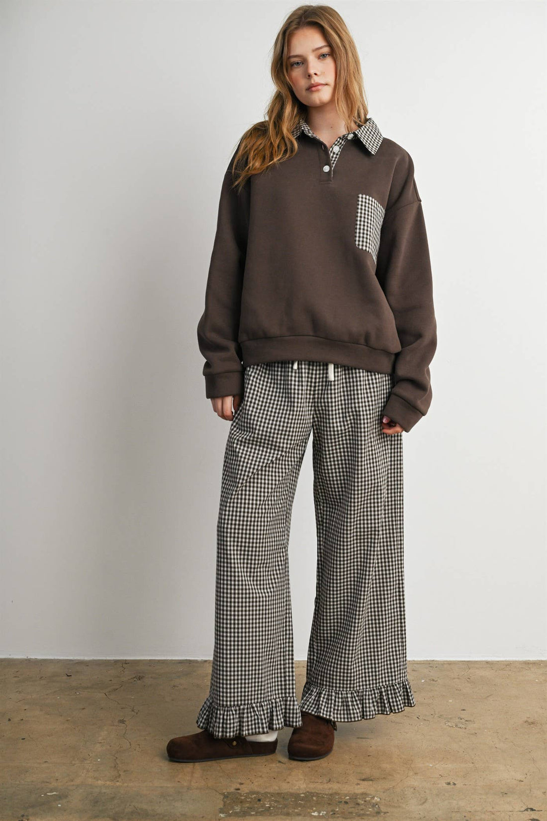 Checkered Patchwork Collared Sweatshirt- BMT8644