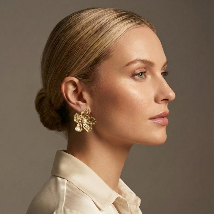 Golden Hibiscus Flower Statement Earrings | Handmade Jewelry