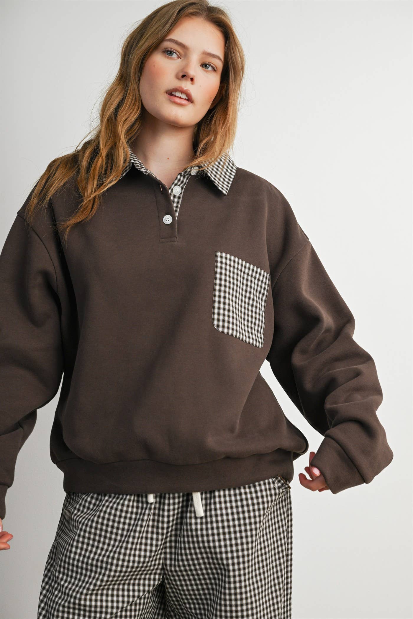 Checkered Patchwork Collared Sweatshirt- BMT8644