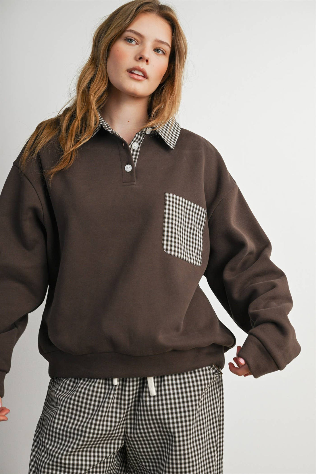Checkered Patchwork Collared Sweatshirt- BMT8644