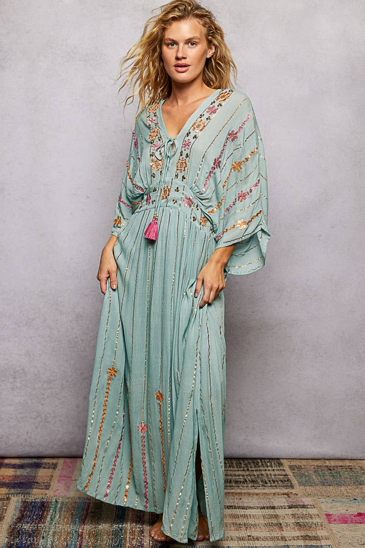 Artisanal Glint Embroidered Flowy V-Neck Long Sleeve Dress