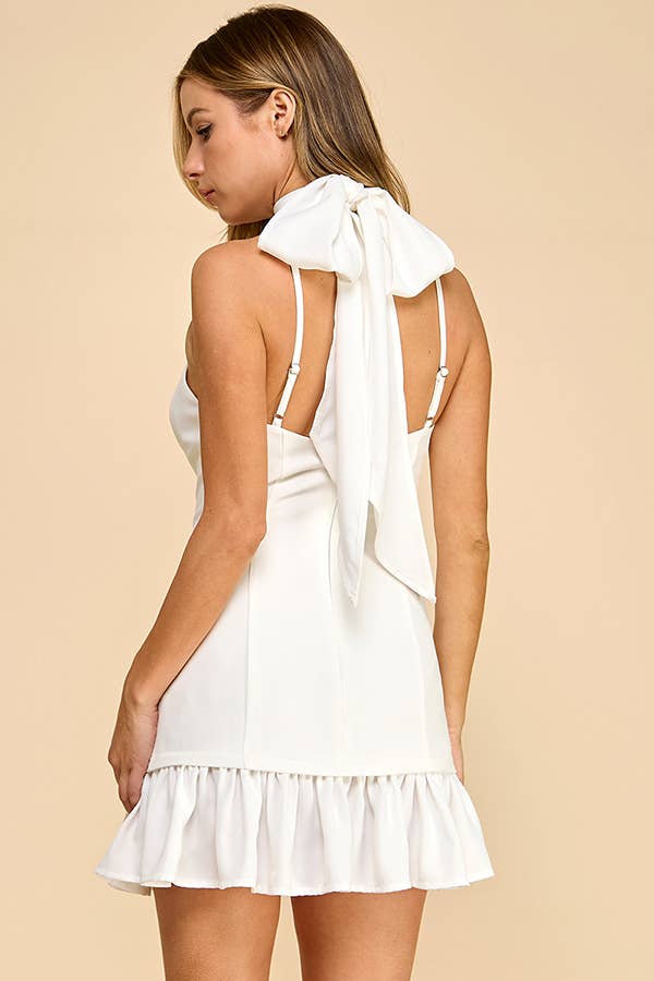 Halterneck mini dress with ruffled hem and neck tie strap