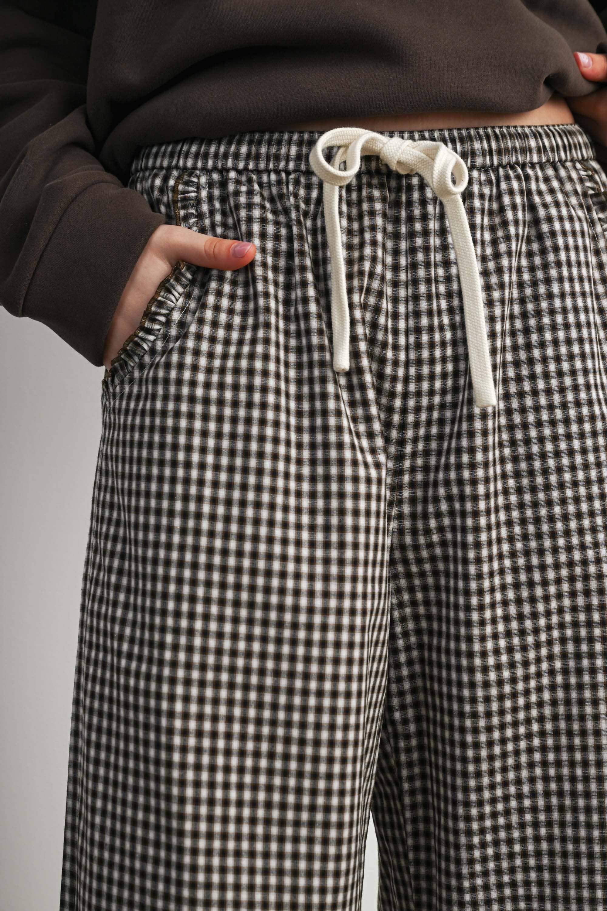 Gingham Ruffle Hem Wide Leg Pants-BMP8637