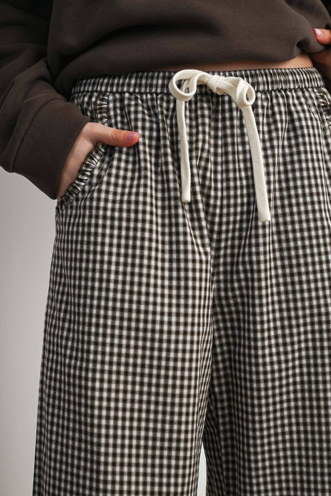Gingham Ruffle Hem Wide Leg Pants-BMP8637