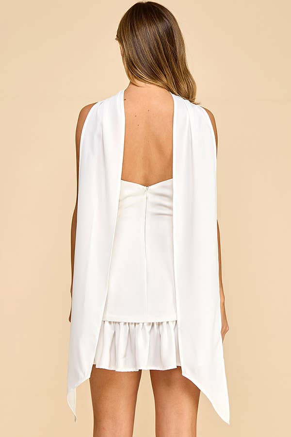 Halterneck mini dress with ruffled hem and neck tie strap