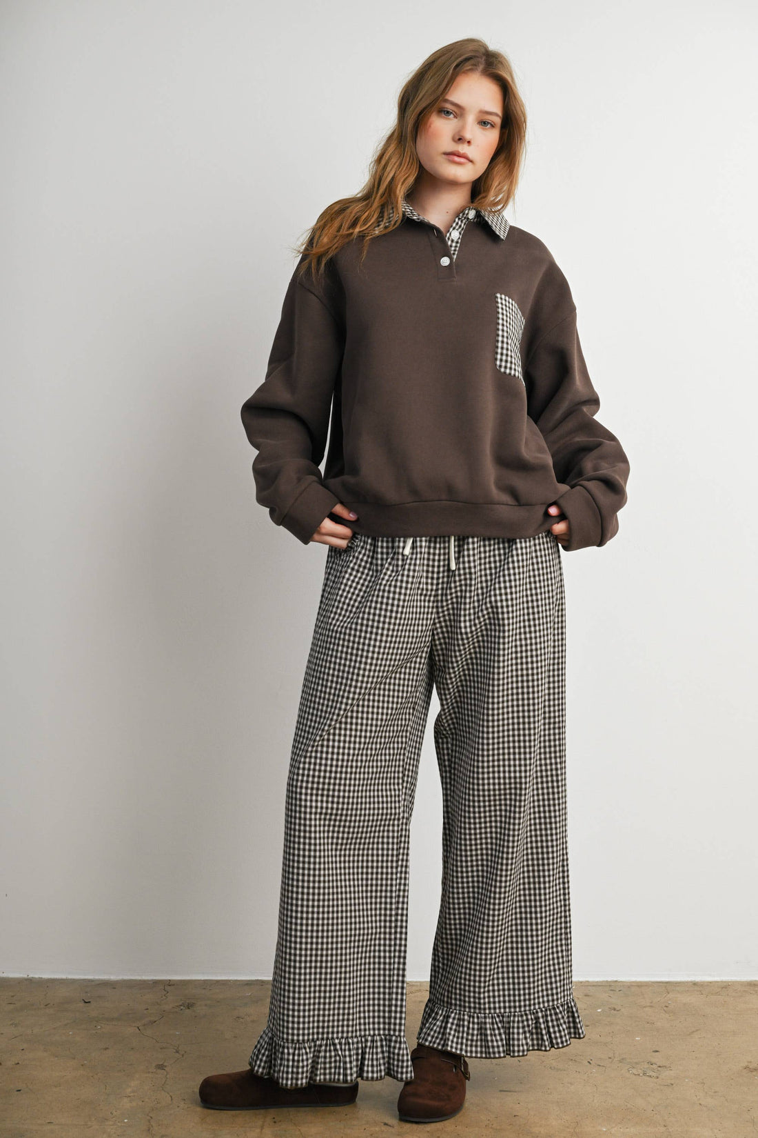 Gingham Ruffle Hem Wide Leg Pants-BMP8637
