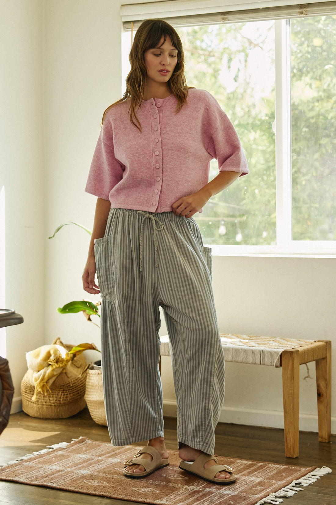 Cropped Knit Button-Front Cardigan Dropped Shoulder
