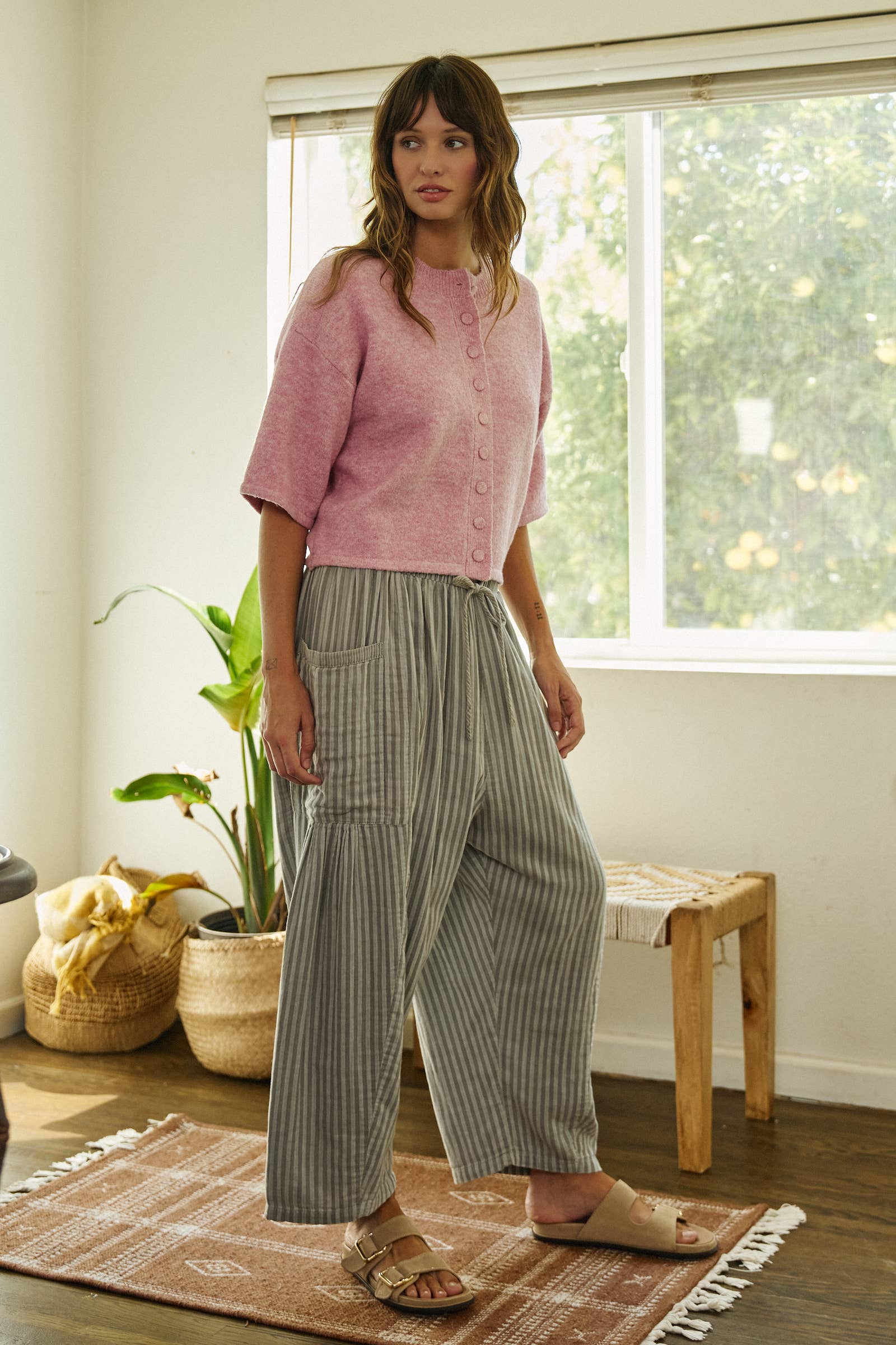 Cropped Knit Button-Front Cardigan Dropped Shoulder