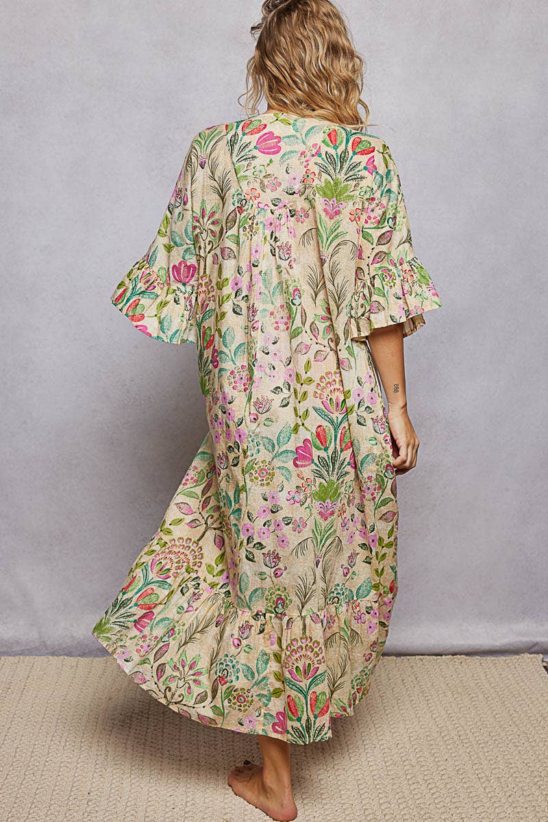 Deep V-Neck Beaded Detail Floral Ruffle Sleeves Maxi Dress
