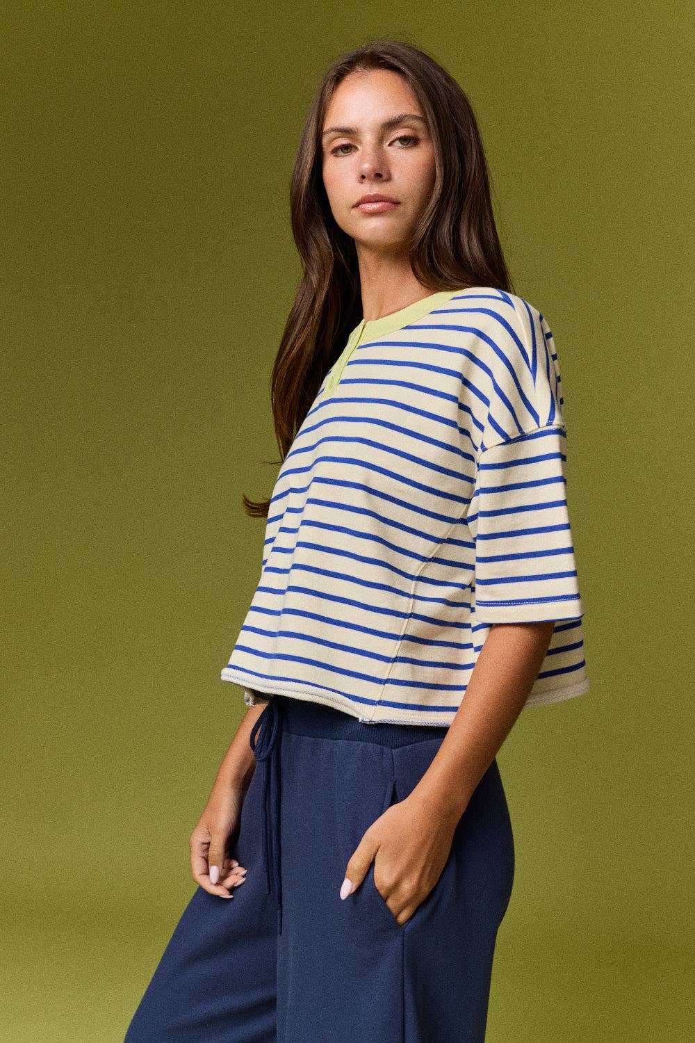 PT20081 Henley neck s/s stripe top