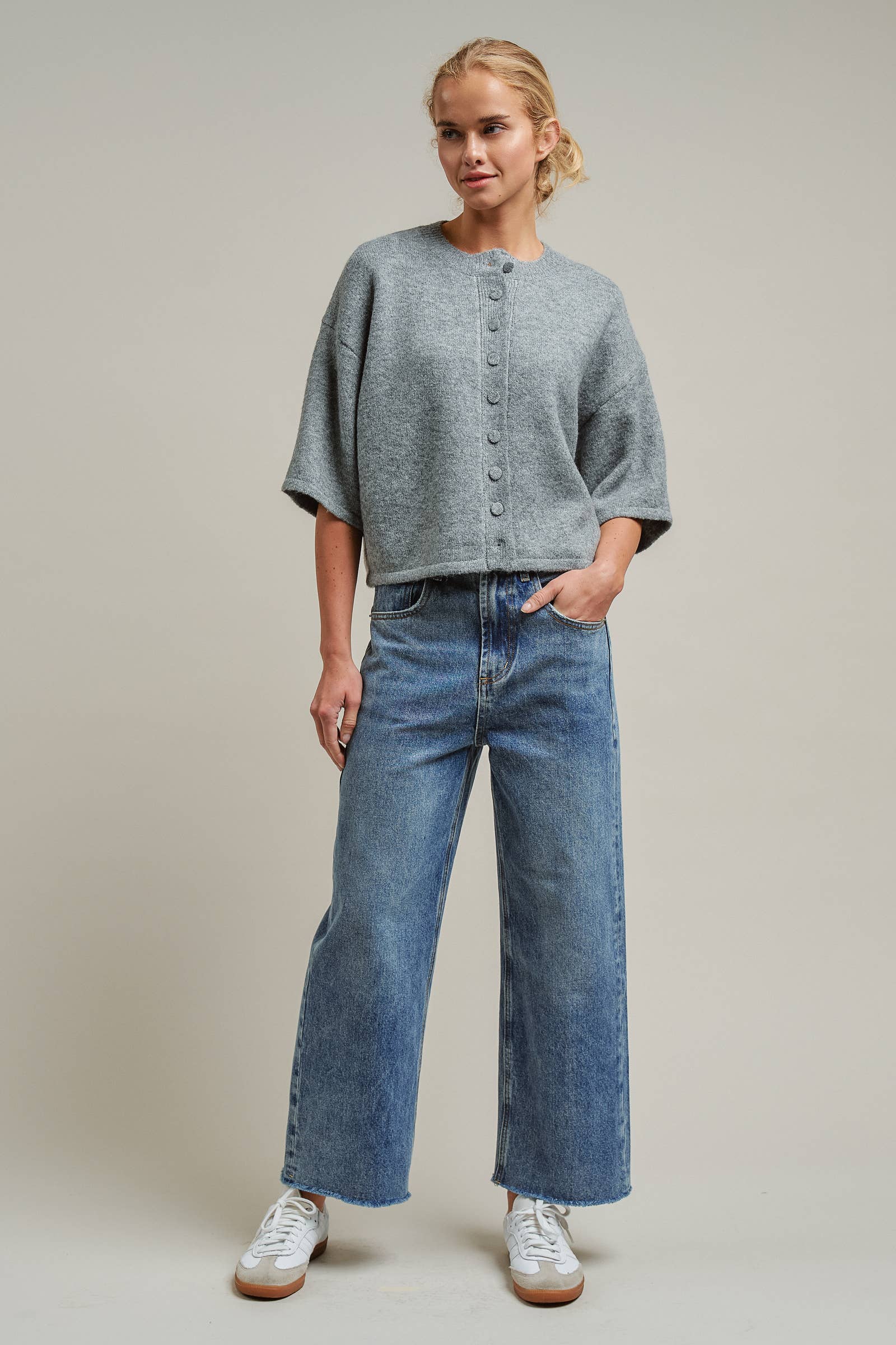 Cropped Knit Button-Front Cardigan Dropped Shoulder
