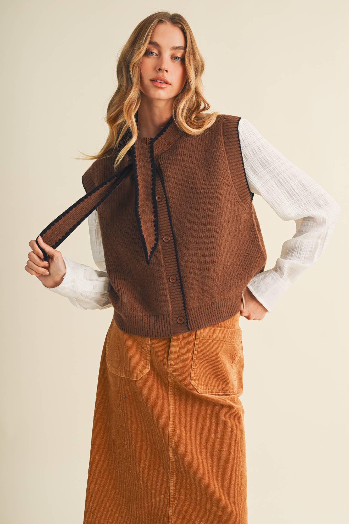 Scallop-Trim Tie-Neck Ribbed Knit Vest