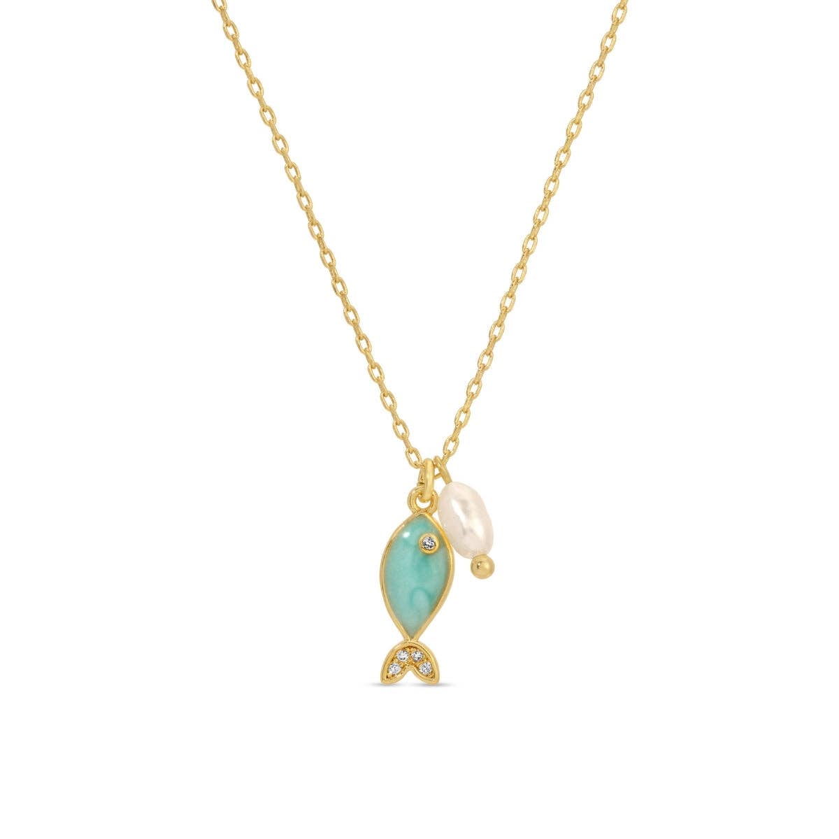 Light Blue Fish Pendant Necklace with Freshwater Pearl