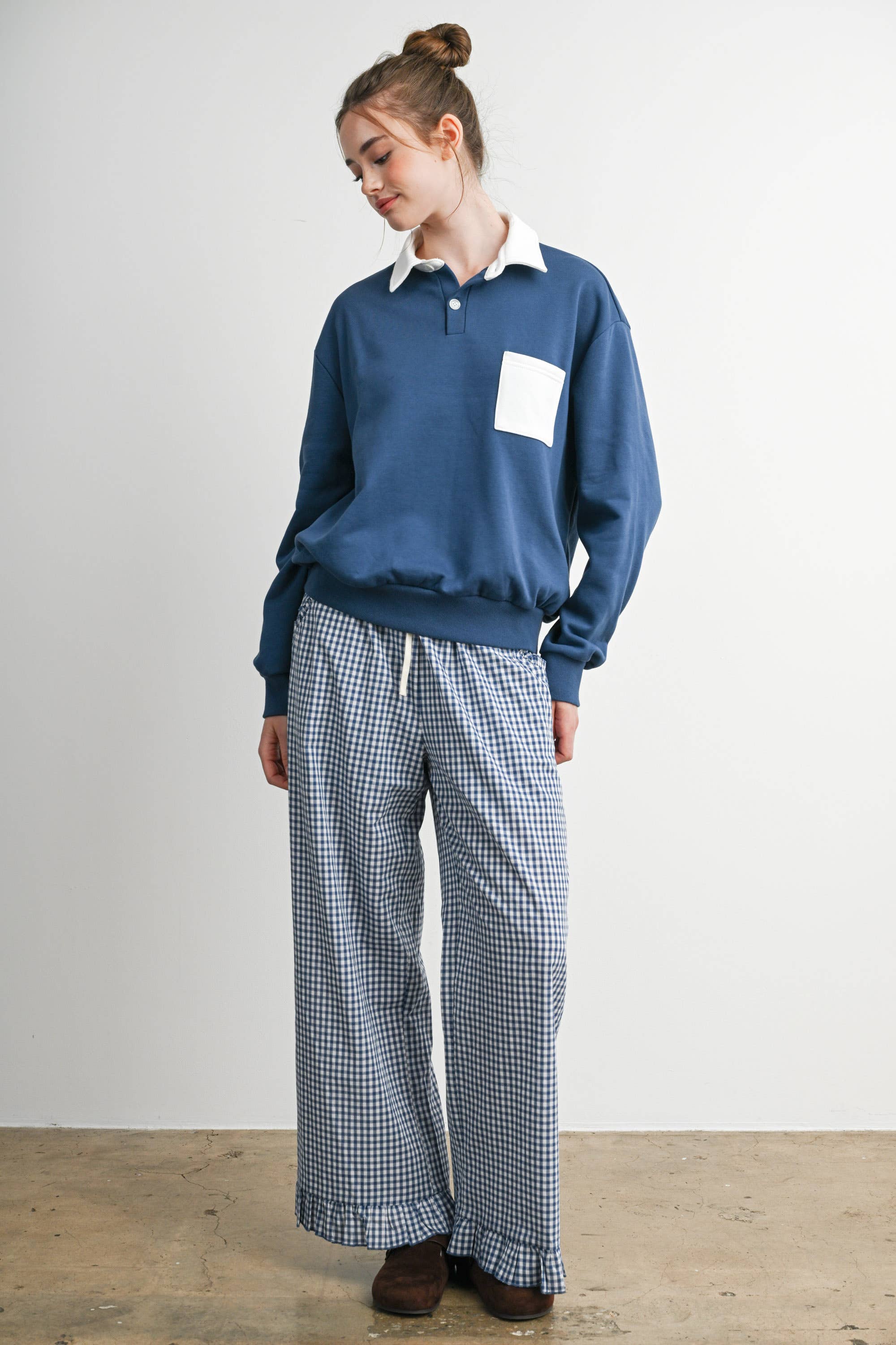 Gingham Ruffle Hem Wide Leg Pants-BMP8637