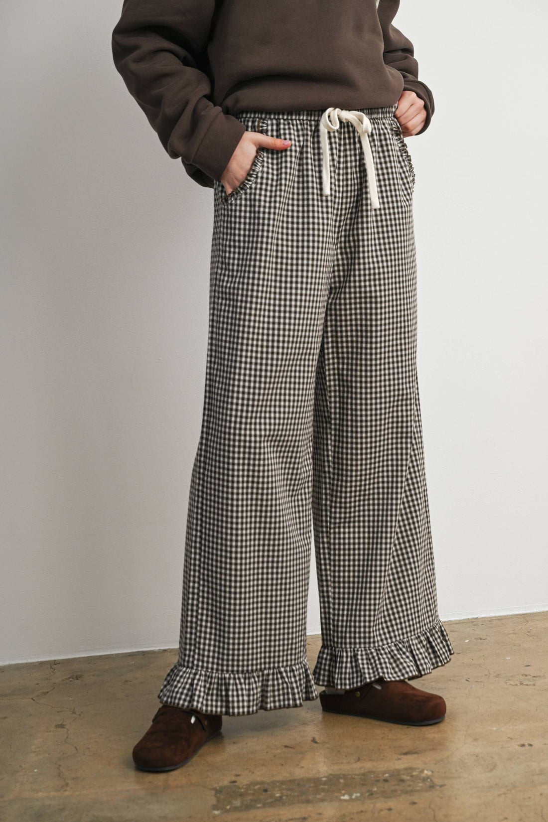 Gingham Ruffle Hem Wide Leg Pants-BMP8637