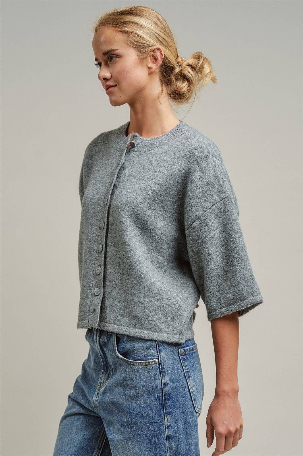Cropped Knit Button-Front Cardigan Dropped Shoulder
