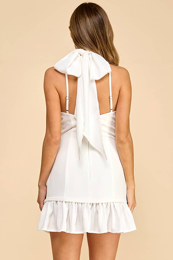 Halterneck mini dress with ruffled hem and neck tie strap