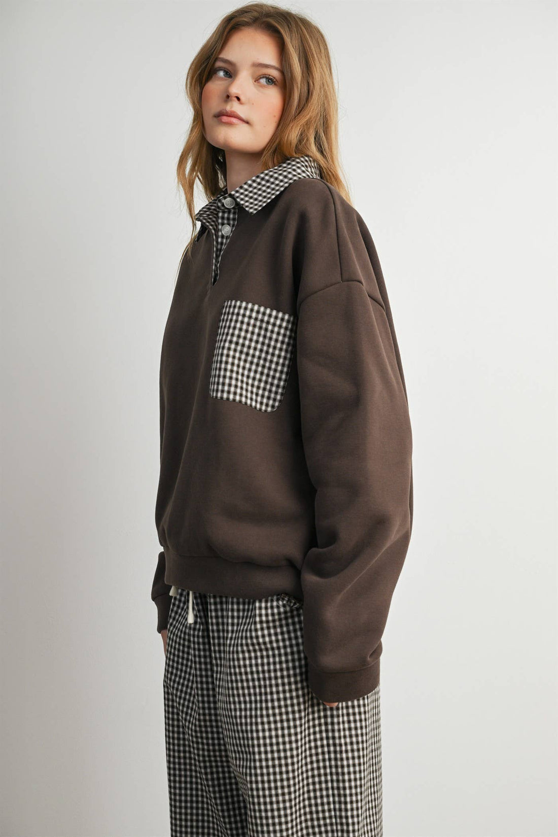 Checkered Patchwork Collared Sweatshirt- BMT8644