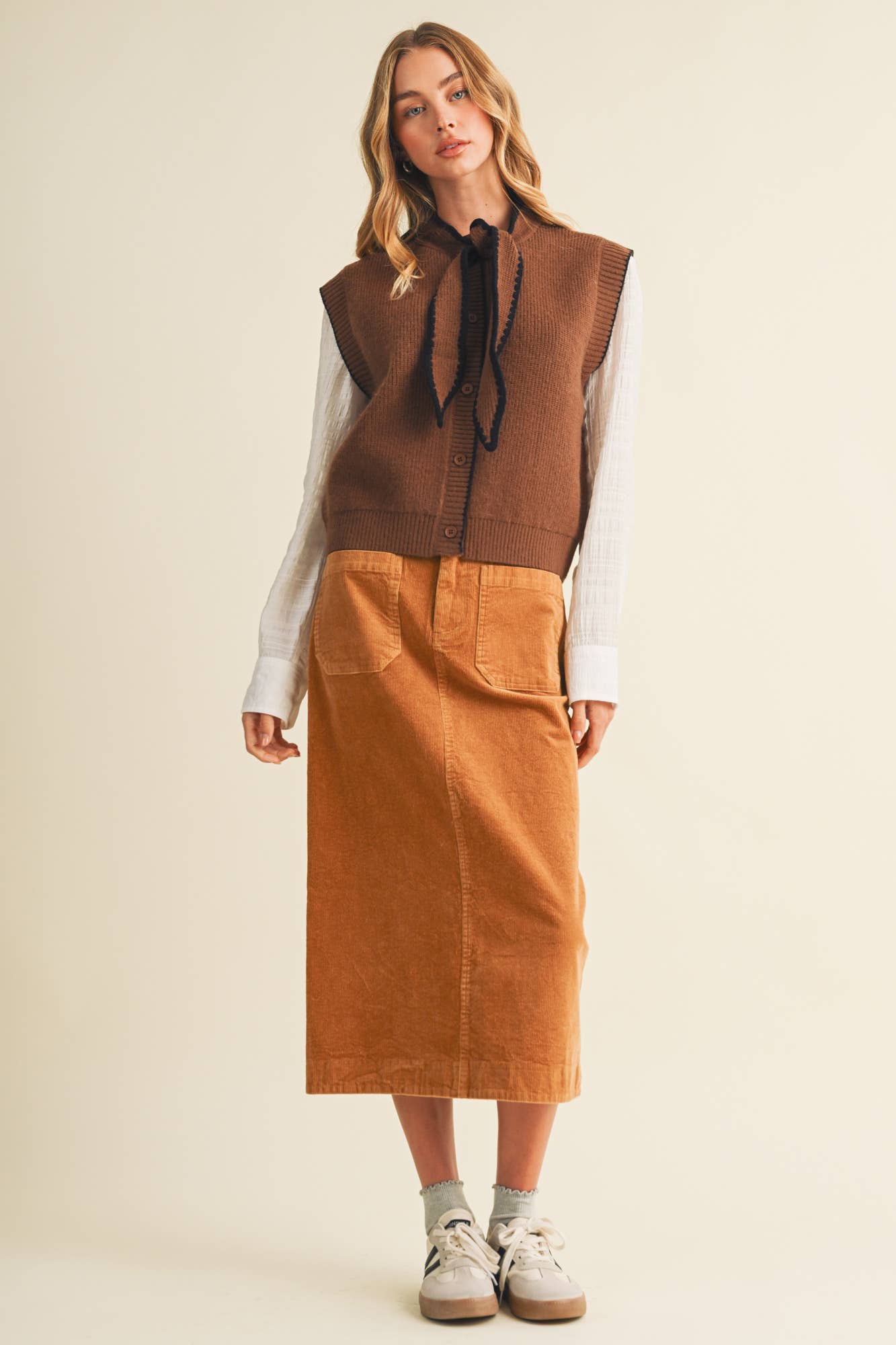 Scallop-Trim Tie-Neck Ribbed Knit Vest