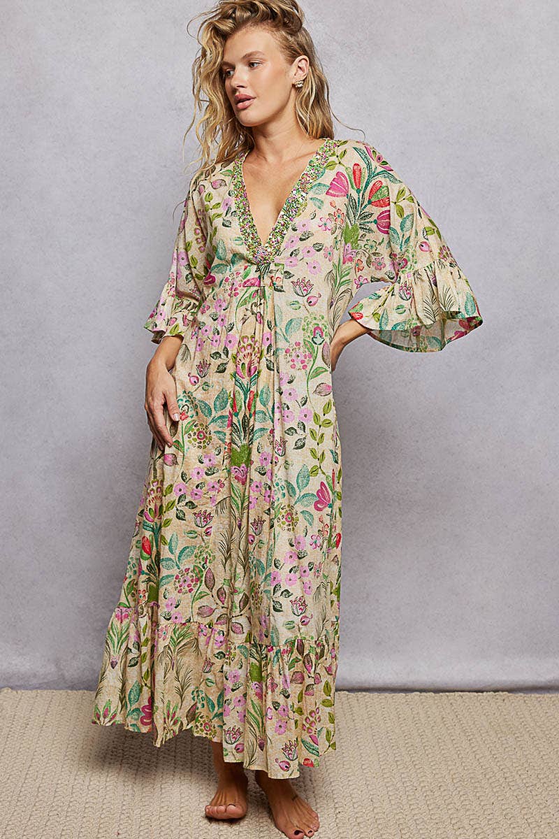 Deep V-Neck Beaded Detail Floral Ruffle Sleeves Maxi Dress