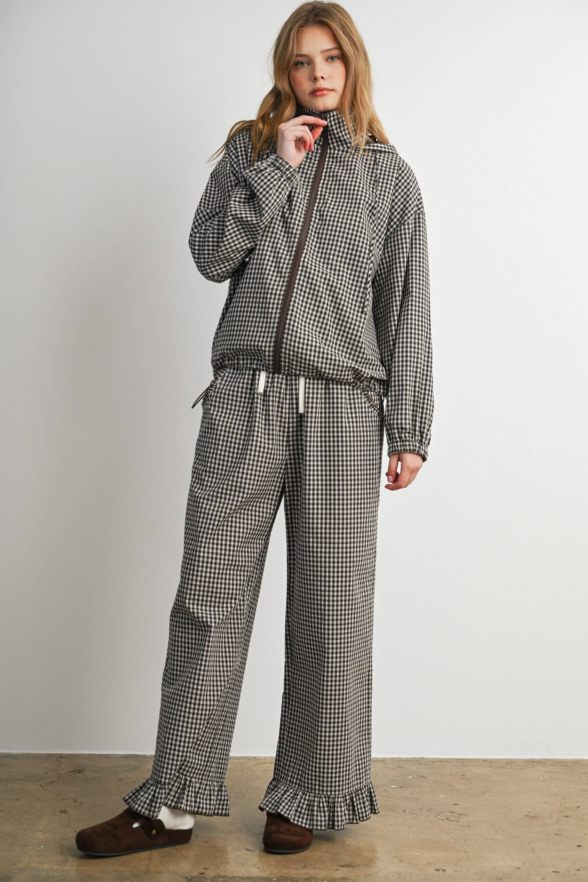 Gingham Ruffle Hem Wide Leg Pants-BMP8637