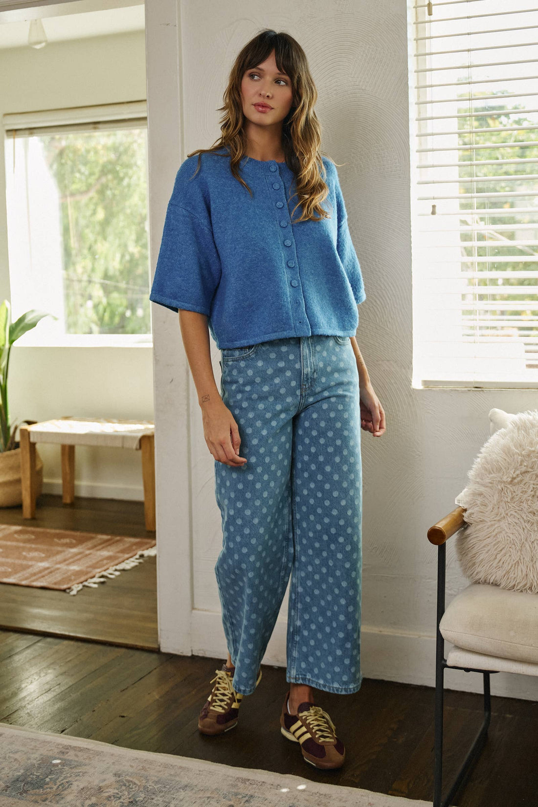 Cropped Knit Button-Front Cardigan Dropped Shoulder