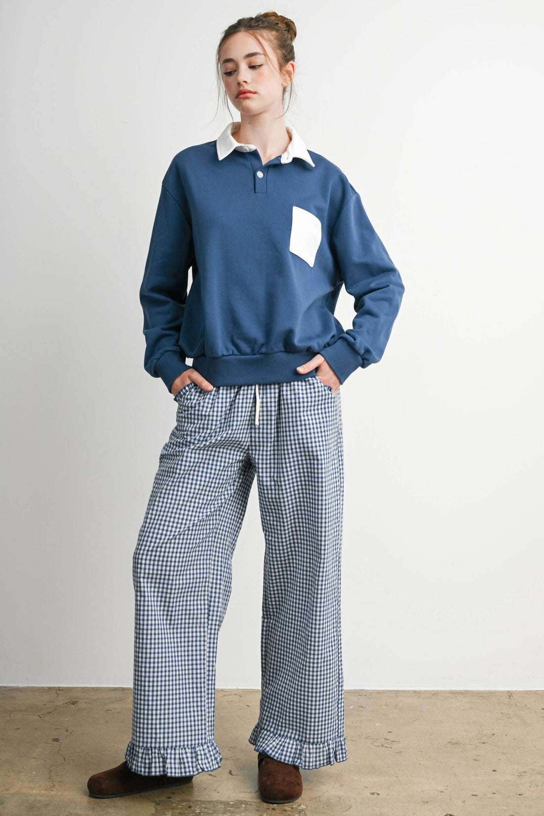 Gingham Ruffle Hem Wide Leg Pants-BMP8637