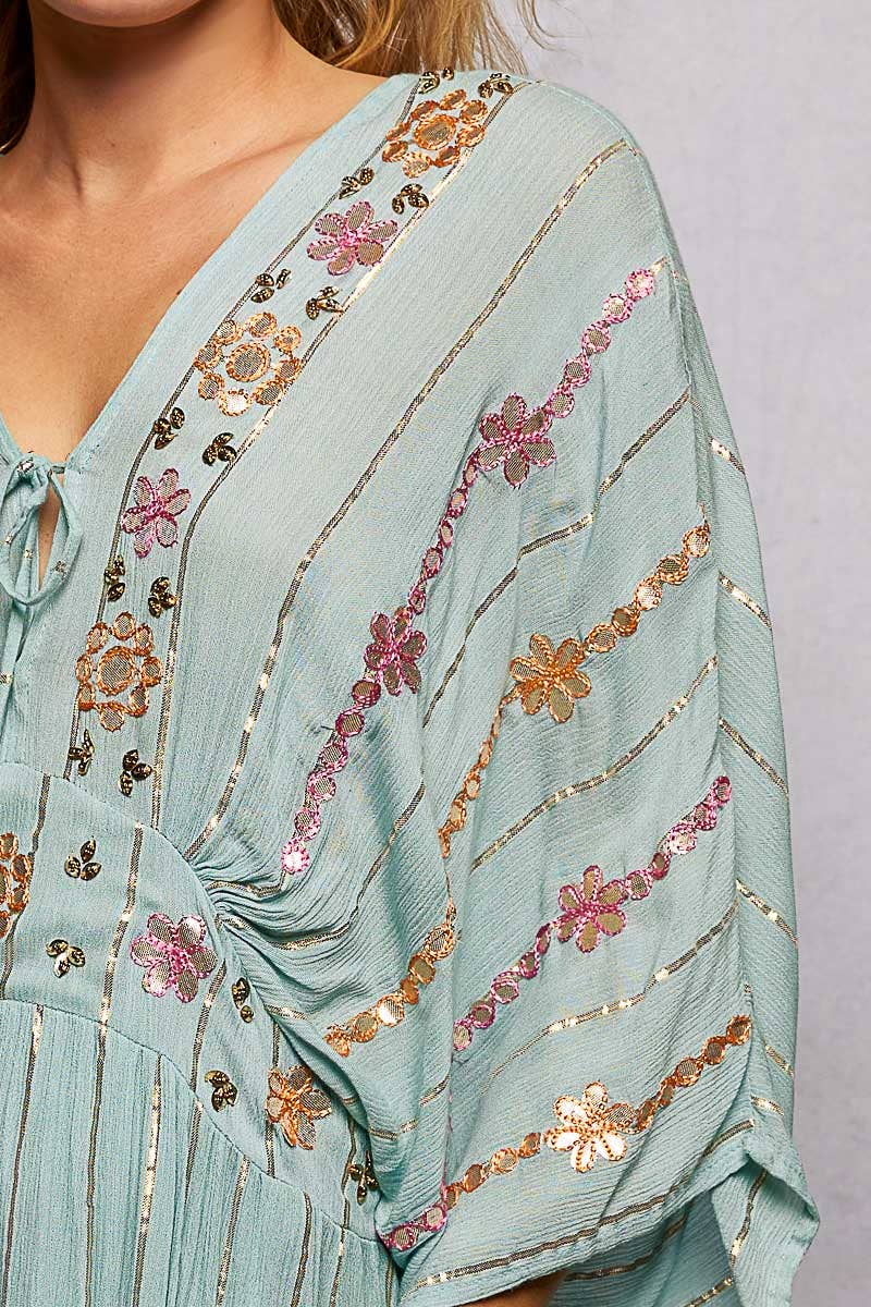 Artisanal Glint Embroidered Flowy V-Neck Long Sleeve Dress