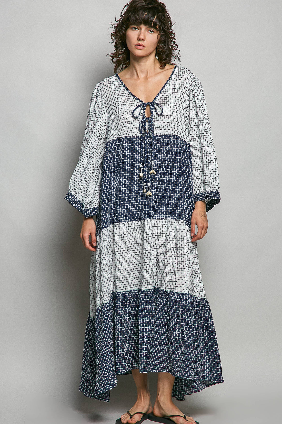 Tassel Tie V-Neck Patchwork Geo Print Maxi Dress