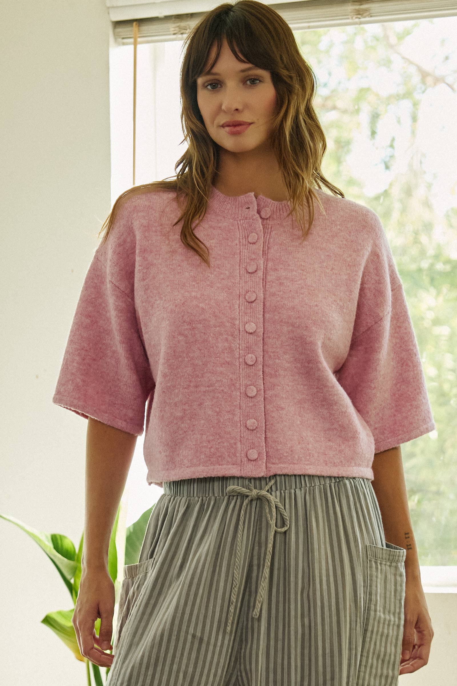 Cropped Knit Button-Front Cardigan Dropped Shoulder