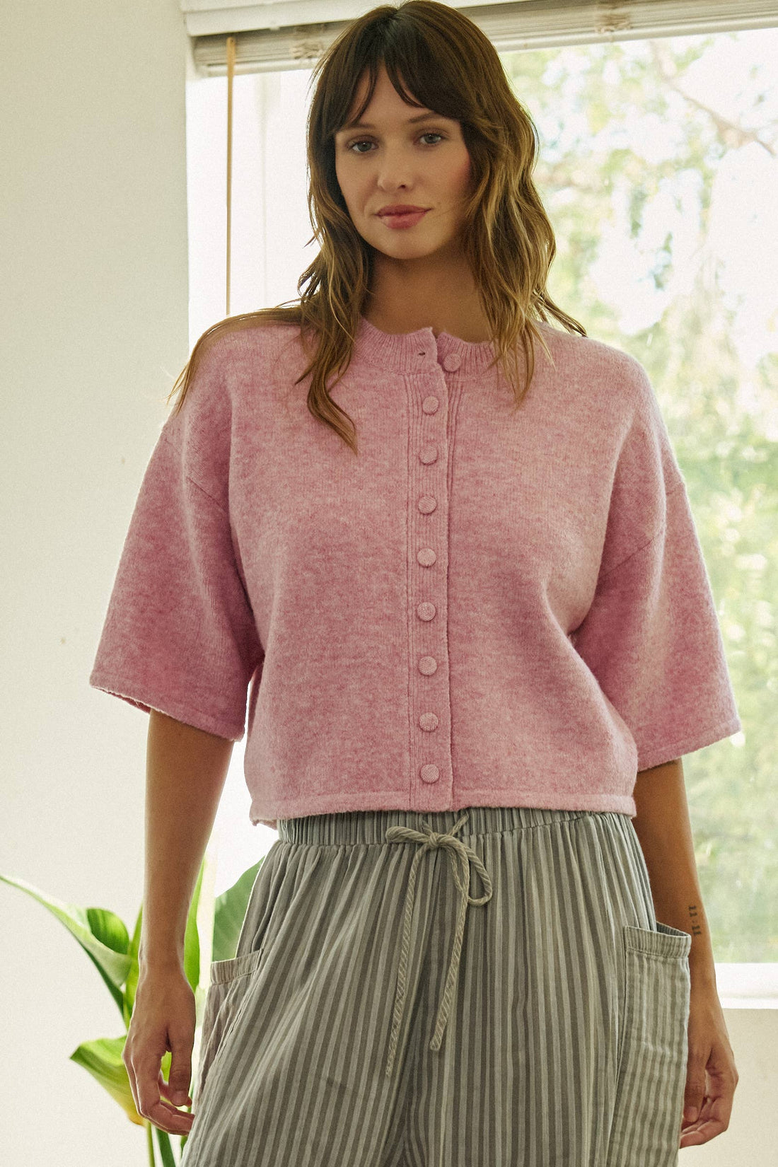 Cropped Knit Button-Front Cardigan Dropped Shoulder