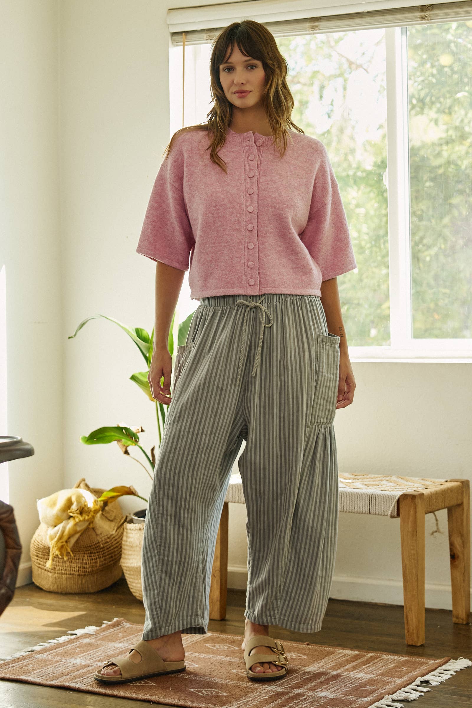 Cropped Knit Button-Front Cardigan Dropped Shoulder