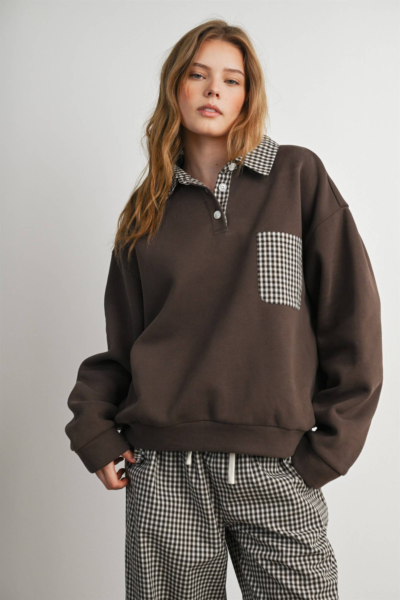 Checkered Patchwork Collared Sweatshirt- BMT8644