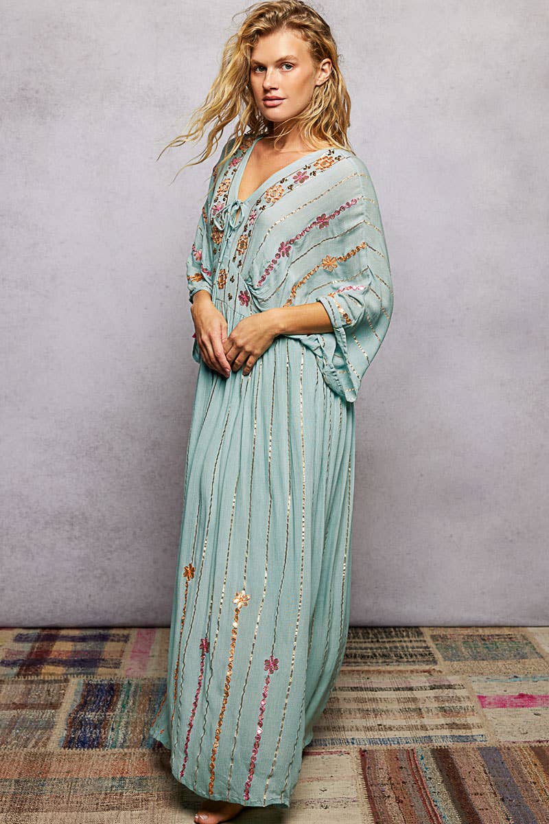 Artisanal Glint Embroidered Flowy V-Neck Long Sleeve Dress