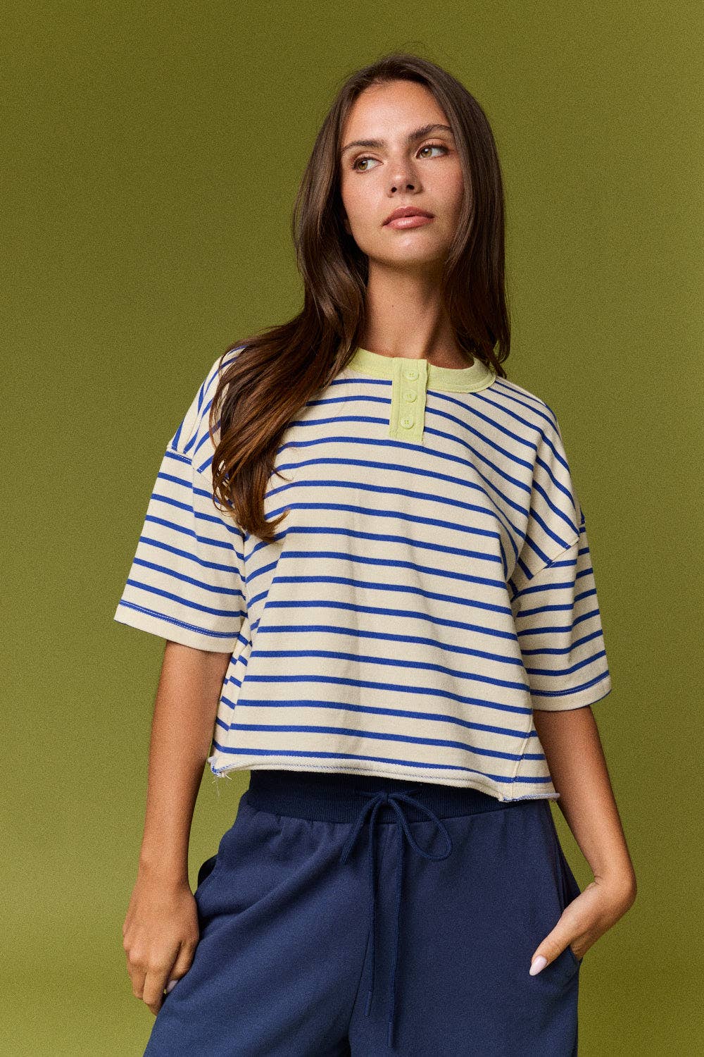 PT20081 Henley neck s/s stripe top