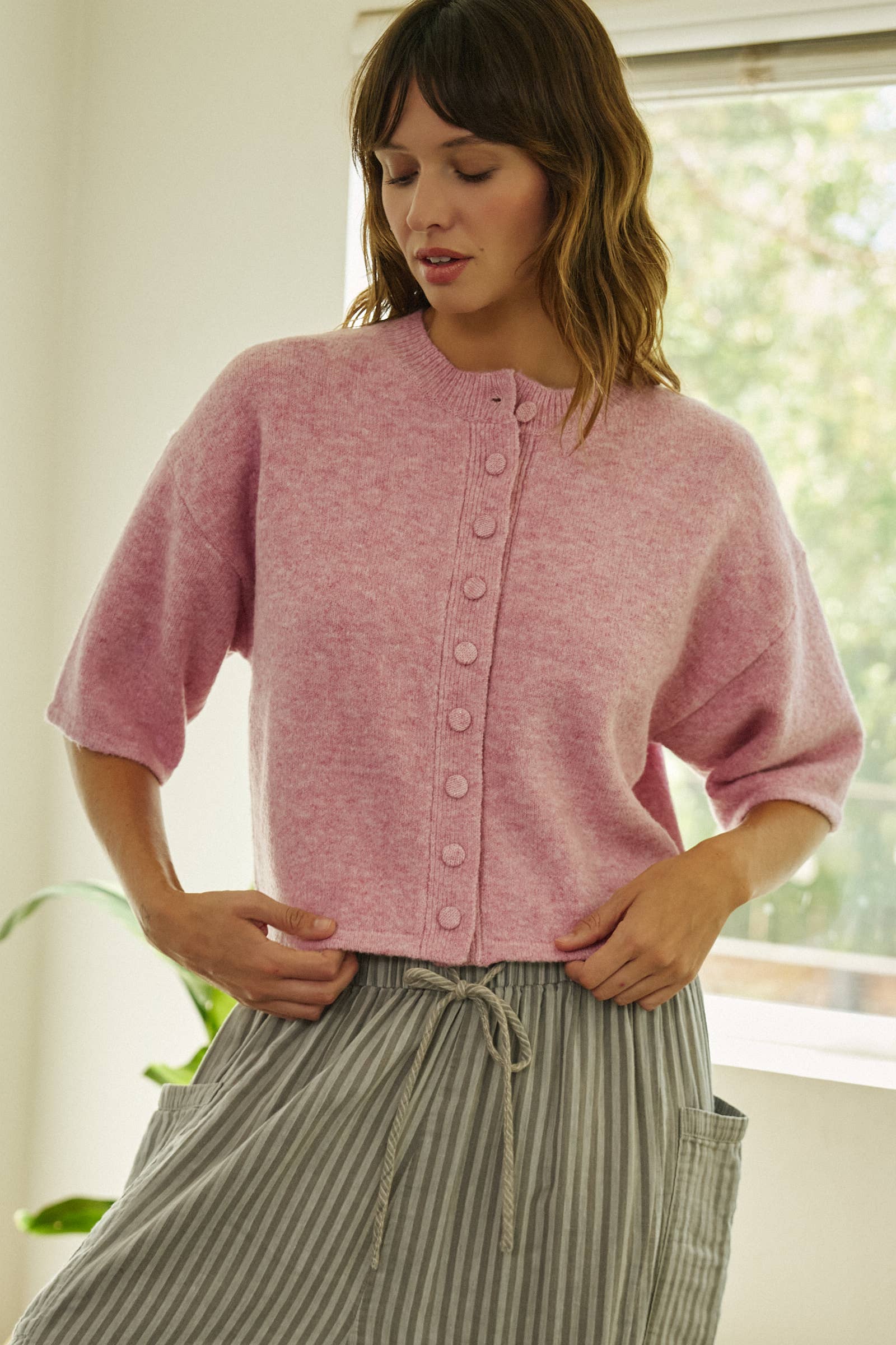 Cropped Knit Button-Front Cardigan Dropped Shoulder