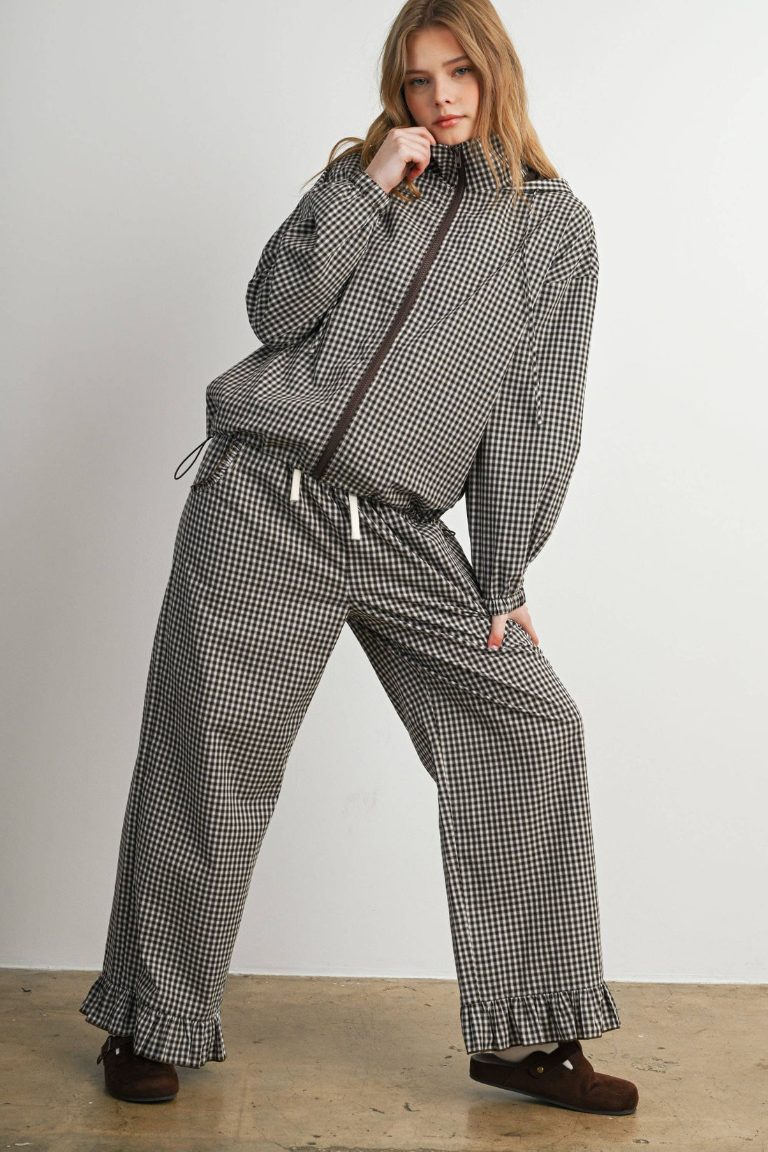 Gingham Ruffle Hem Wide Leg Pants-BMP8637