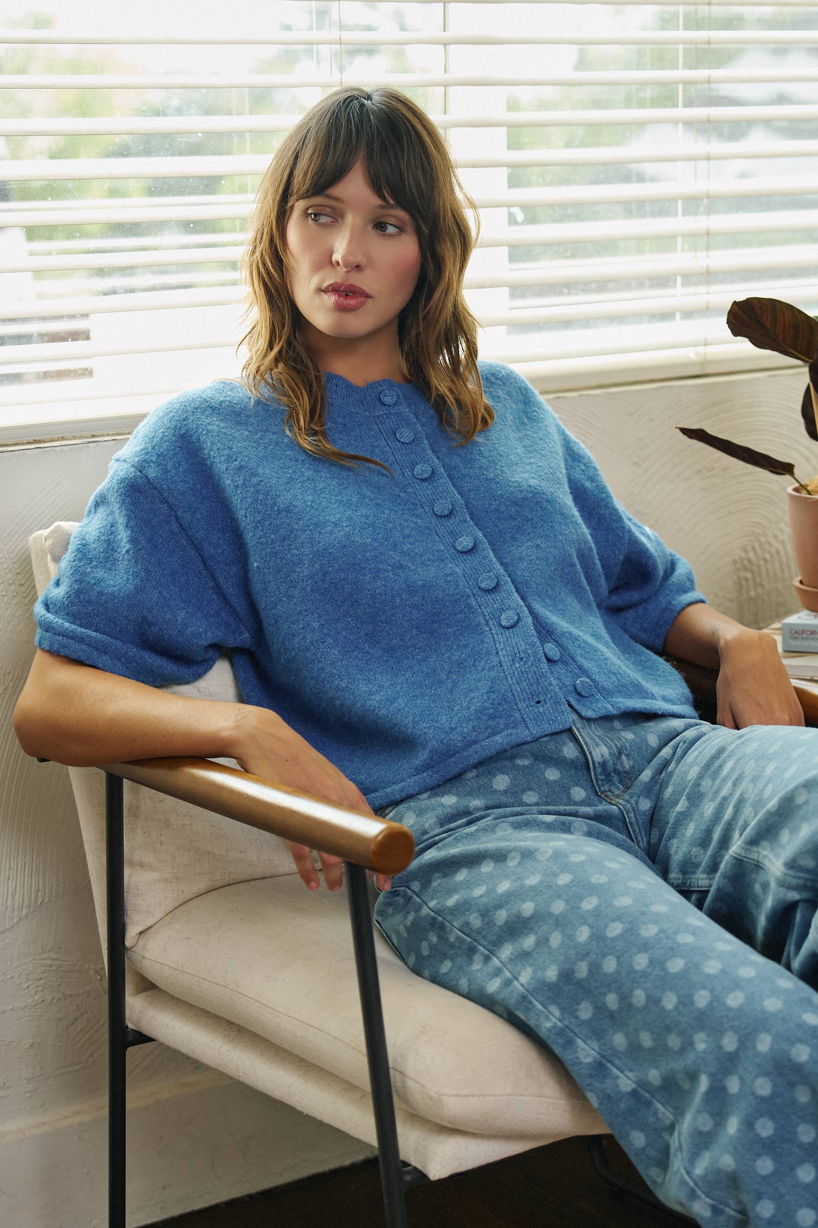 Cropped Knit Button-Front Cardigan Dropped Shoulder
