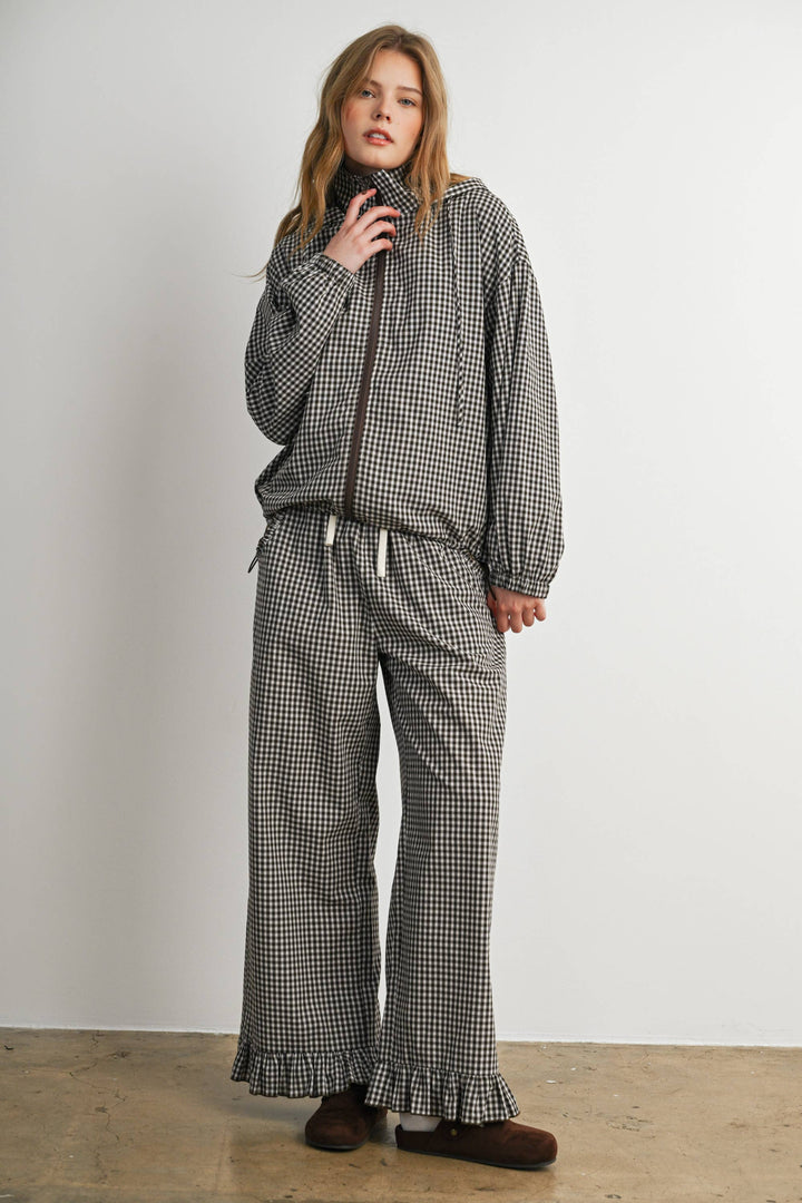 Gingham Ruffle Hem Wide Leg Pants-BMP8637