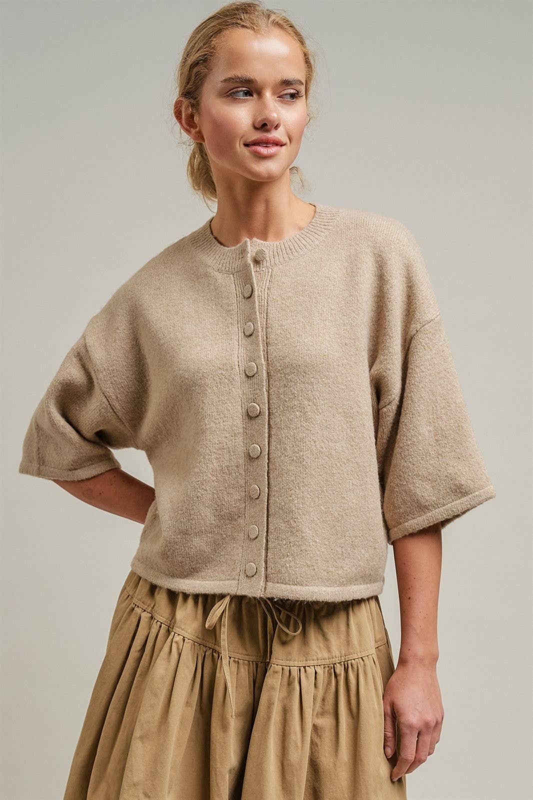 Cropped Knit Button-Front Cardigan Dropped Shoulder