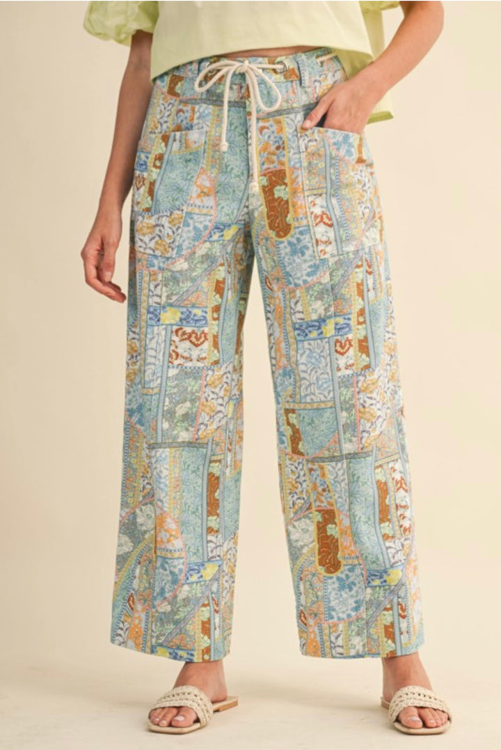 PATCHWORK PAISLEY PRINT WIDE LEG ROPE DRAWSTRING PANTS
